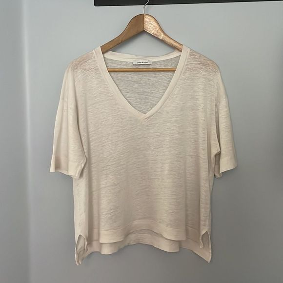 SAMSOE SAMSOE cream linen V neck boxy tee - Picture 7 of 10